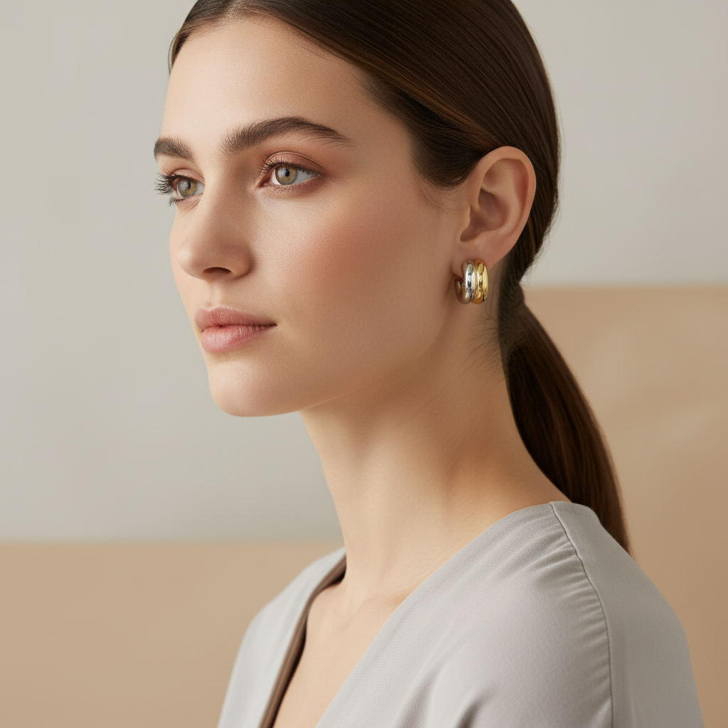 Kvinna bär Vattentäta Chunky Hoop Örhängen i Guld & Silver