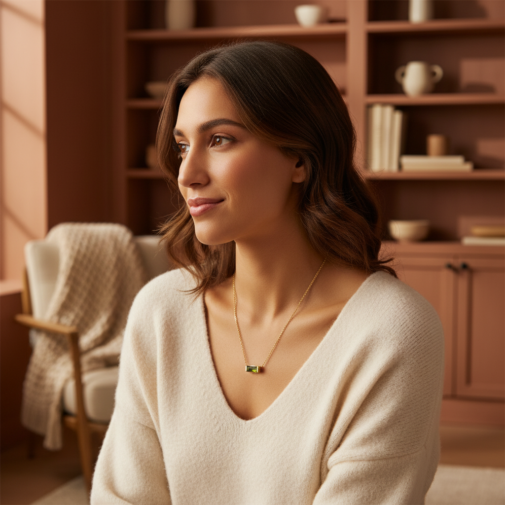 Kvinna bär Whispering Light Pendant - Ny bild i varmt rum